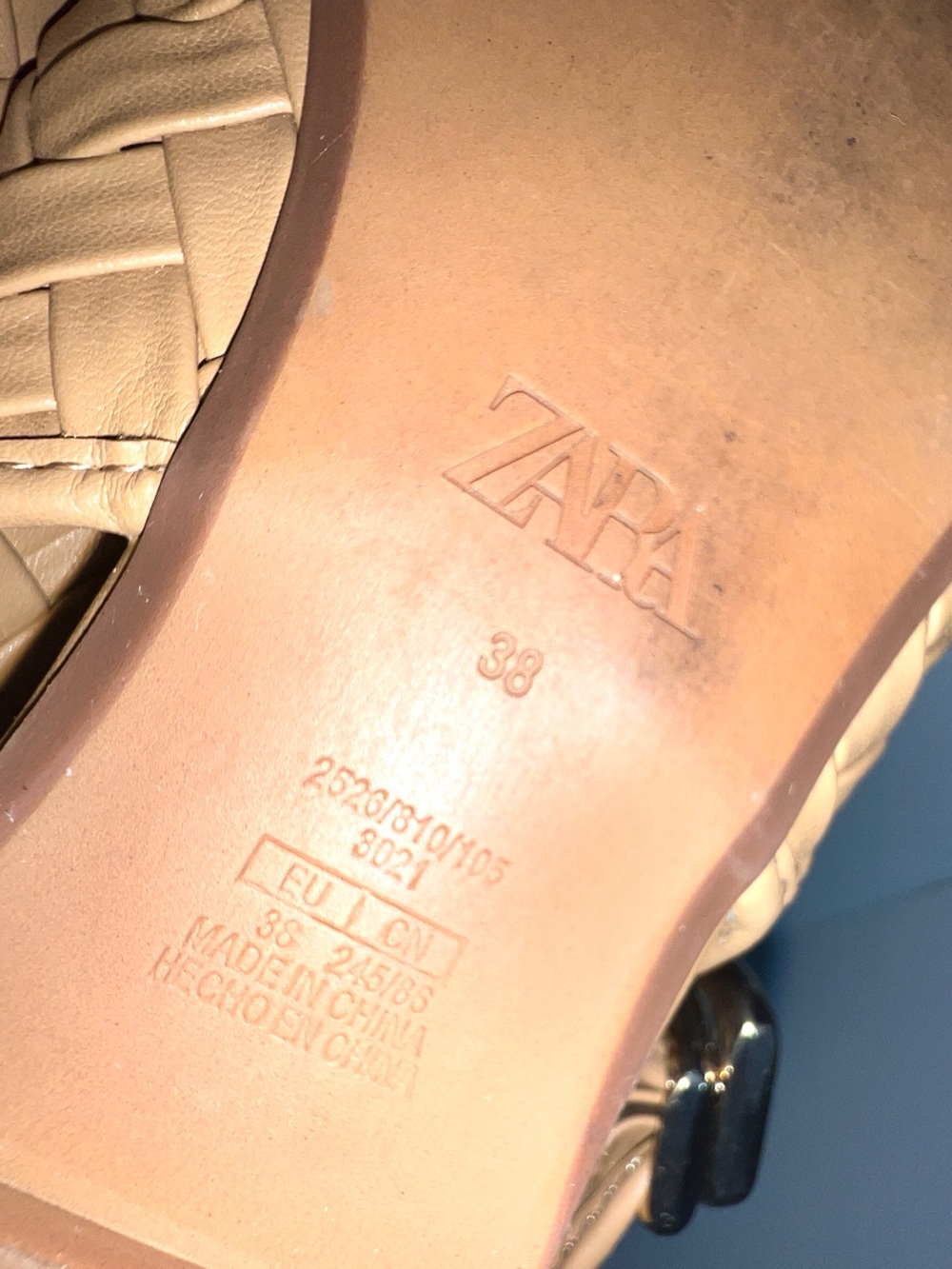 ZARA Woven Leather Pointed Toe Slingback Flats Buckle Nude Tan Sz 38 - Picture 11 of 12